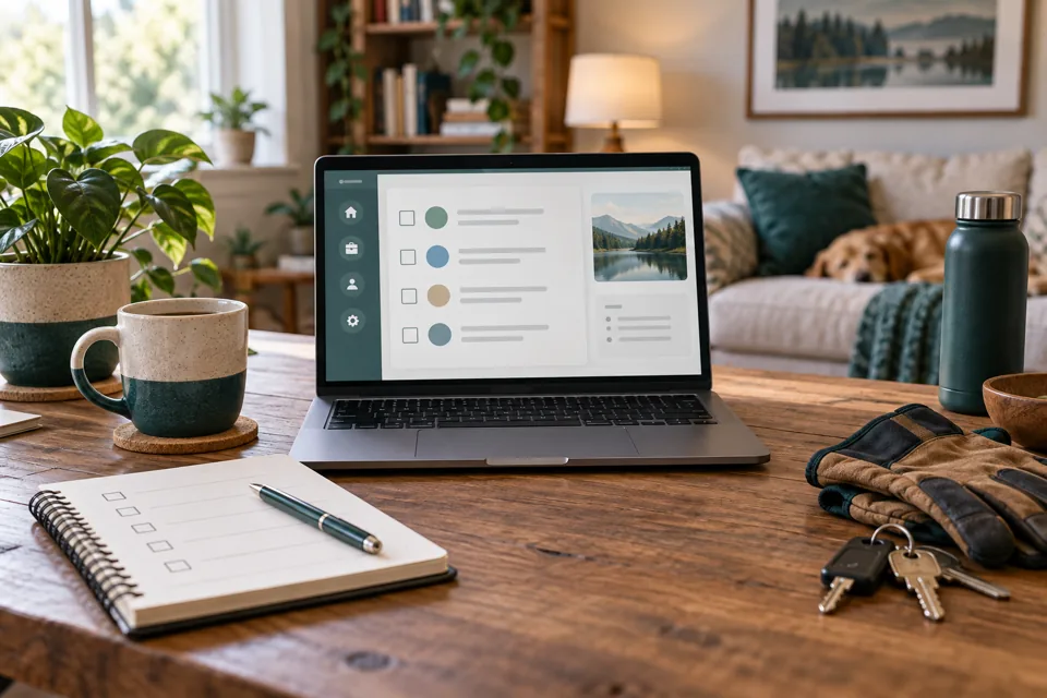 Illustration of a laptop task list, notebook and work gloves in a home workspace