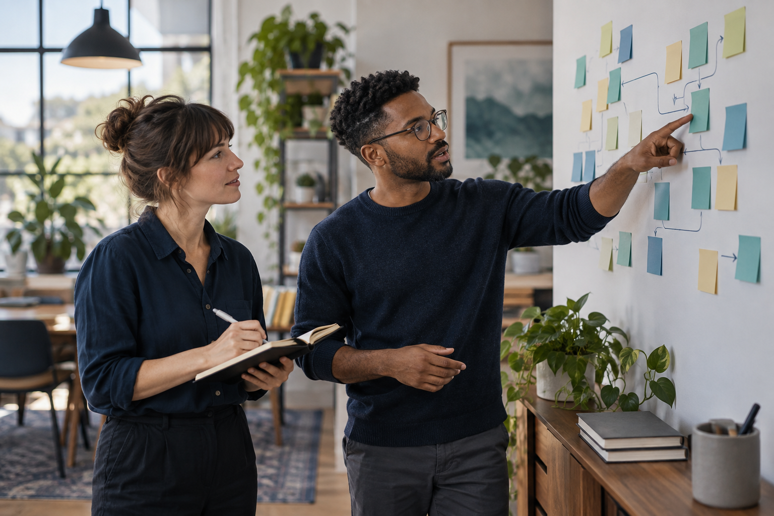 Two colleagues mapping their work using notes on a wall