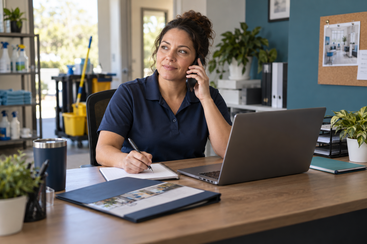 A cleaning business owner making a proposal follow-up call