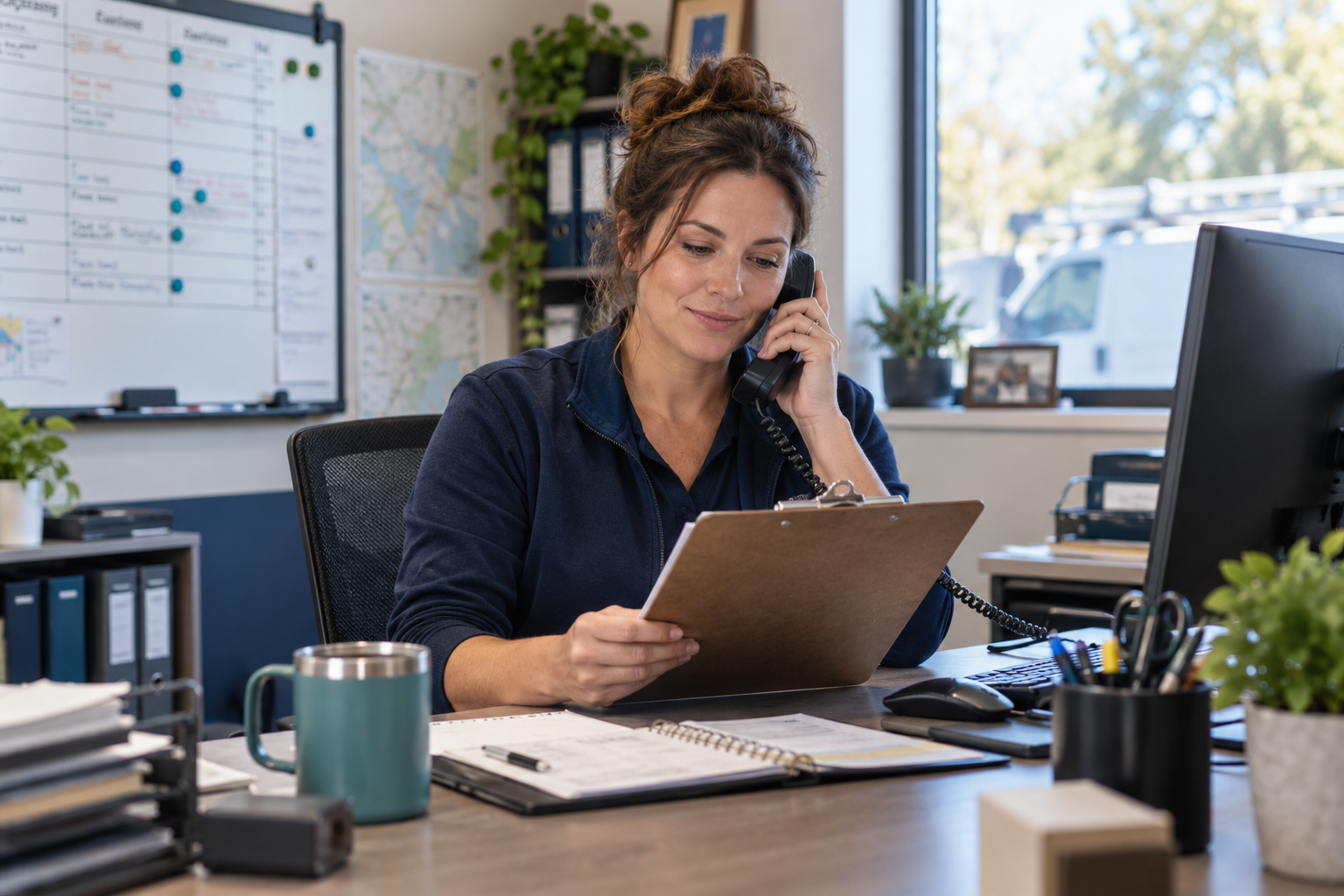 An office coordinator reviewing a new service inquiry at a dispatch desk