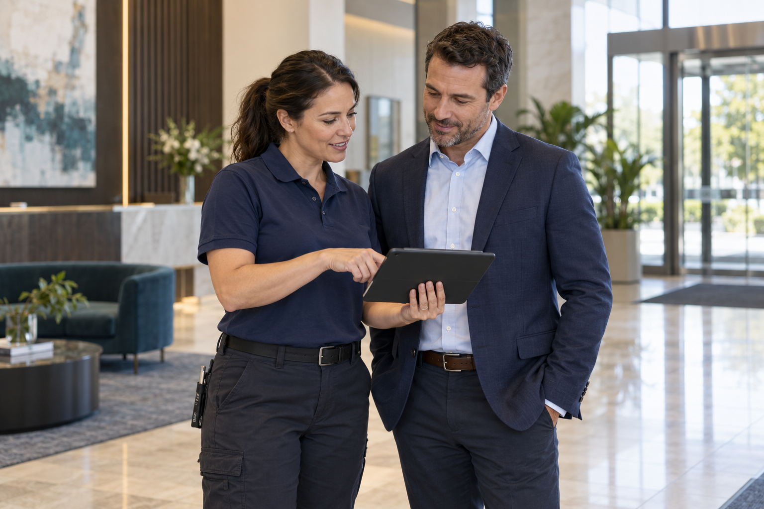 A service supervisor and property manager reviewing completed work