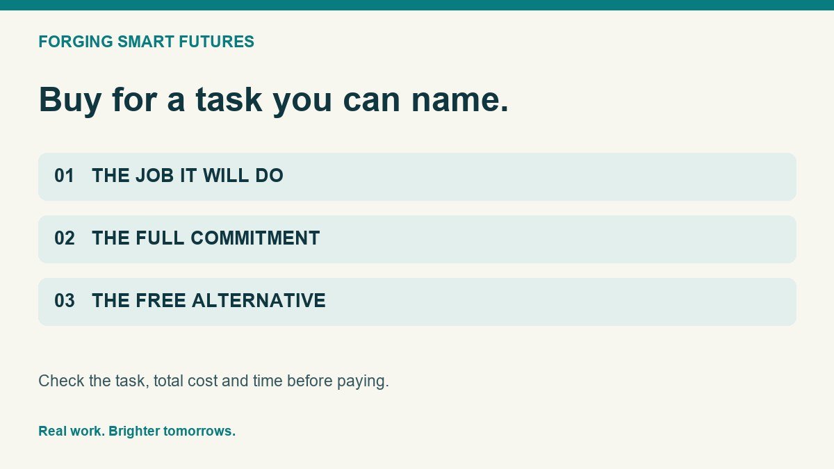 Before buying a course or app, check the job it will do, the full commitment, and the free alternative.