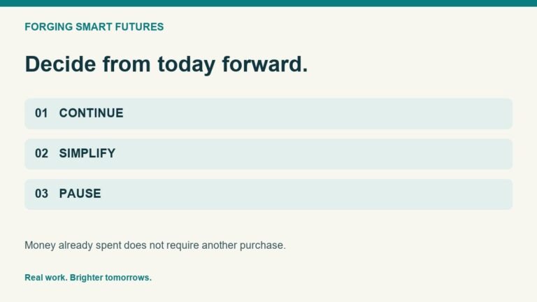 Decide from today forward: continue, simplify, or pause. Money already spent does not require another purchase.