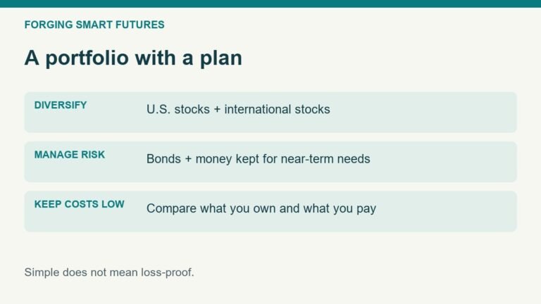 Broad diversification, low costs, a written plan. Five fund roles, with the S&P 500 and total U.S. market shown as alternatives.