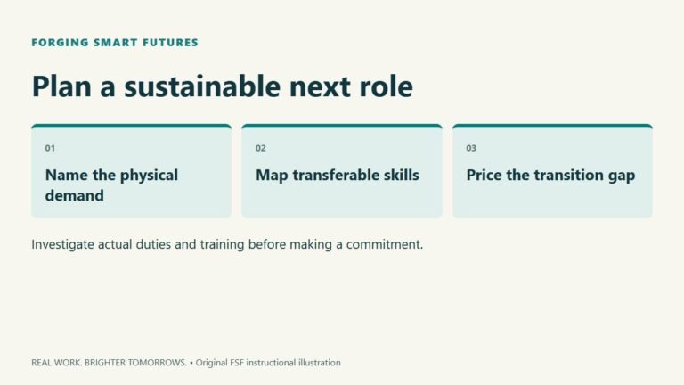 Plan a sustainable next role. Name the physical demand; Map transferable skills; Price the transition gap. Investigate actual duties and training before making a commitment.