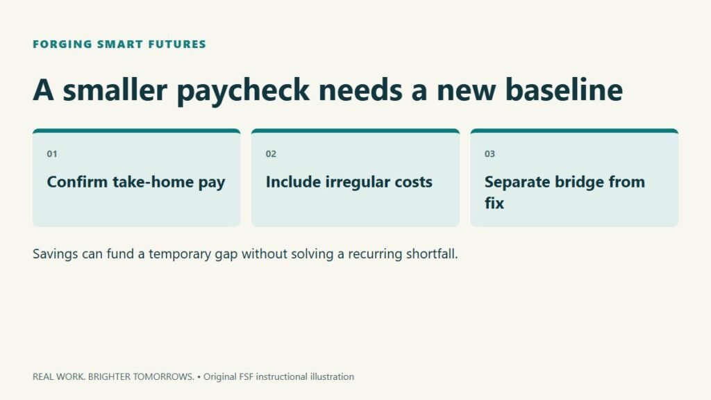 A smaller paycheck needs a new baseline. Confirm take-home pay; Include irregular costs; Separate bridge from fix. Savings can fund a temporary gap without solving a recurring shortfall.