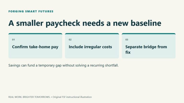 A smaller paycheck needs a new baseline. Confirm take-home pay; Include irregular costs; Separate bridge from fix. Savings can fund a temporary gap without solving a recurring shortfall.