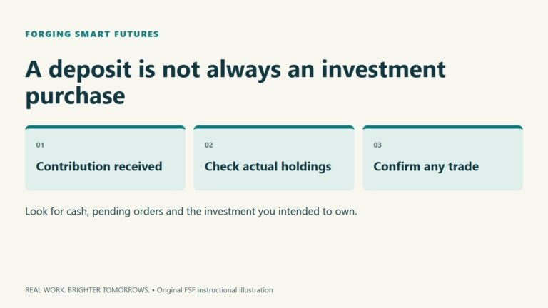 A deposit is not always an investment purchase. Contribution received; Check actual holdings; Confirm any trade. Look for cash, pending orders and the investment you intended to own.