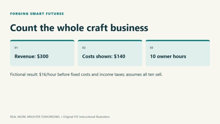 Count the whole craft business. Revenue: $300; Costs shown: $140; 10 owner hours. Fictional result: $16/hour before fixed costs and income taxes; assumes all ten sell.