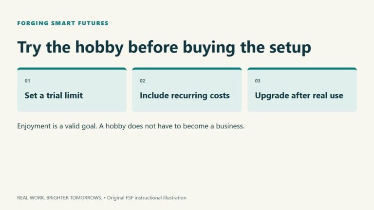 Try the hobby before buying the setup. Set a trial limit; Include recurring costs; Upgrade after real use. Enjoyment is a valid goal. A hobby does not have to become a business.
