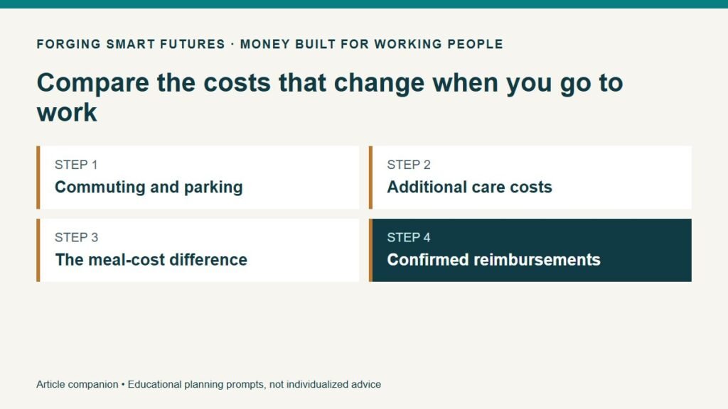 Compare the costs that change when you go to work. Commuting and parking. Additional care costs. The meal-cost difference. Confirmed reimbursements.