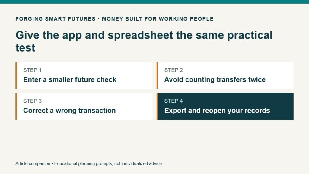 Give the app and spreadsheet the same practical test. Enter a smaller future check. Avoid counting transfers twice. Correct a wrong transaction. Export and reopen your records.