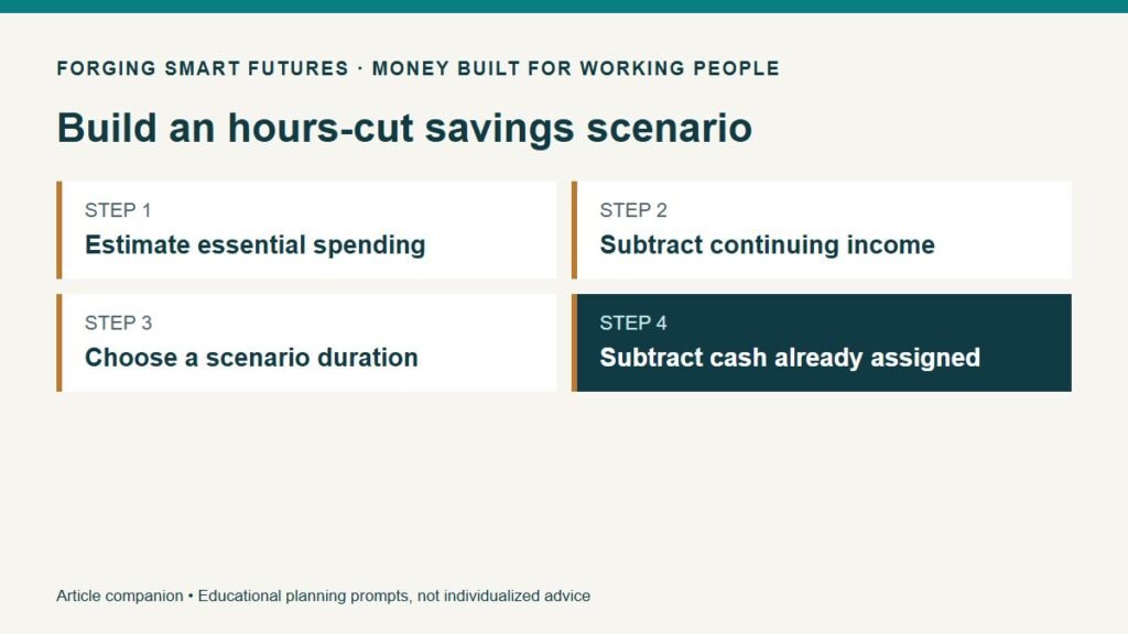 Build an hours-cut savings scenario. Estimate essential spending. Subtract continuing income. Choose a scenario duration. Subtract cash already assigned.