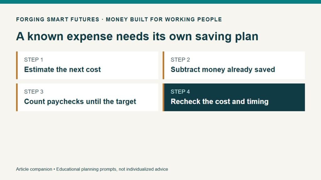 A known expense needs its own saving plan. Estimate the next cost. Subtract money already saved. Count paychecks until the target. Recheck the cost and timing.