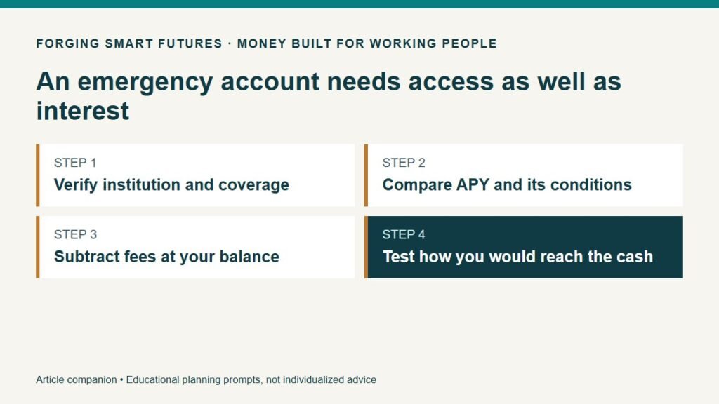 An emergency account needs access as well as interest. Verify institution and coverage. Compare APY and its conditions. Subtract fees at your balance. Test how you would reach the cash.