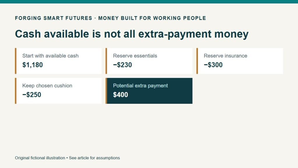 Cash available is not all extra-payment money. Start with available cash: $1,180. Reserve essentials: −$230. Reserve insurance: −$300. Keep chosen cushion: −$250. Potential extra payment: $400. Original fictional illustration • See article for assumptions.