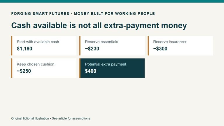 Cash available is not all extra-payment money. Start with available cash: $1,180. Reserve essentials: −$230. Reserve insurance: −$300. Keep chosen cushion: −$250. Potential extra payment: $400. Original fictional illustration • See article for assumptions.