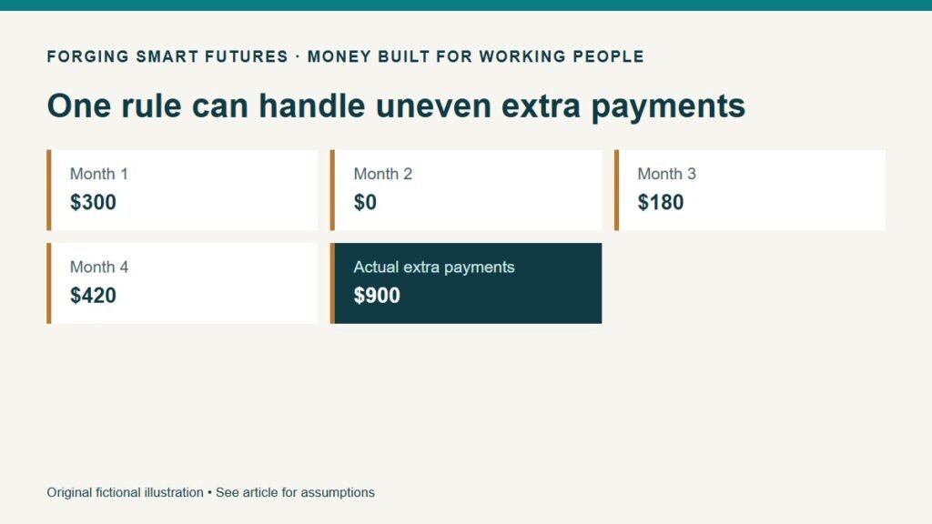 One rule can handle uneven extra payments. Month 1: $300. Month 2: $0. Month 3: $180. Month 4: $420. Actual extra payments: $900. Original fictional illustration • See article for assumptions.