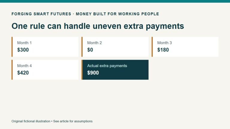 One rule can handle uneven extra payments. Month 1: $300. Month 2: $0. Month 3: $180. Month 4: $420. Actual extra payments: $900. Original fictional illustration • See article for assumptions.