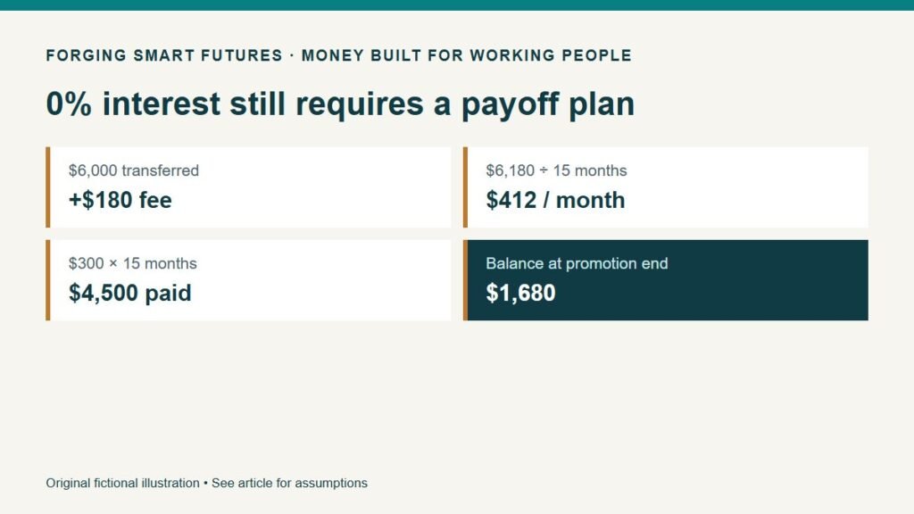 0% interest still requires a payoff plan. $6,000 transferred: +$180 fee. $6,180 ÷ 15 months: $412 / month. $300 × 15 months: $4,500 paid. Balance at promotion end: $1,680. Original fictional illustration • See article for assumptions.