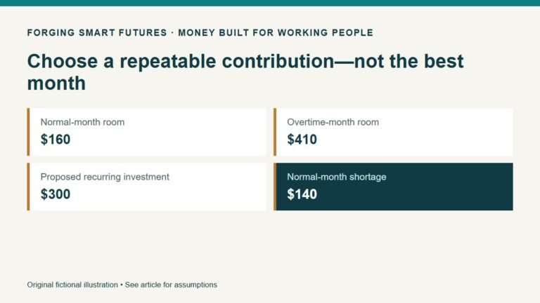 Choose a repeatable contribution—not the best month. Normal-month room: $160. Overtime-month room: $410. Proposed recurring investment: $300. Normal-month shortage: $140. Original fictional illustration • See article for assumptions.