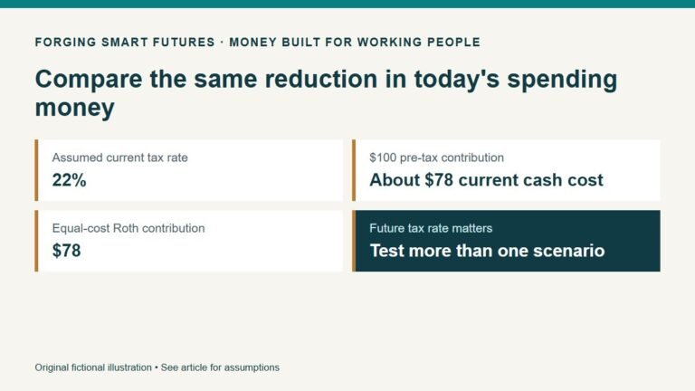 Compare the same reduction in today's spending money. Assumed current tax rate: 22%. $100 pre-tax contribution: About $78 current cash cost. Equal-cost Roth contribution: $78. Future tax rate matters: Test more than one scenario. Original fictional illustration • See article for assumptions.