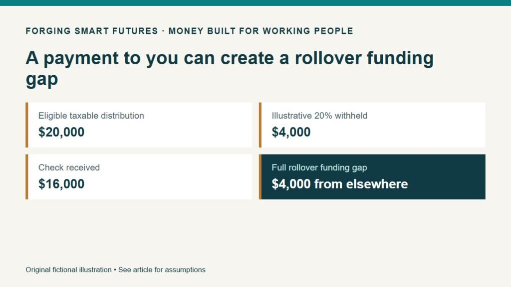 A payment to you can create a rollover funding gap. Eligible taxable distribution: $20,000. Illustrative 20% withheld: $4,000. Check received: $16,000. Full rollover funding gap: $4,000 from elsewhere. Original fictional illustration • See article for assumptions.