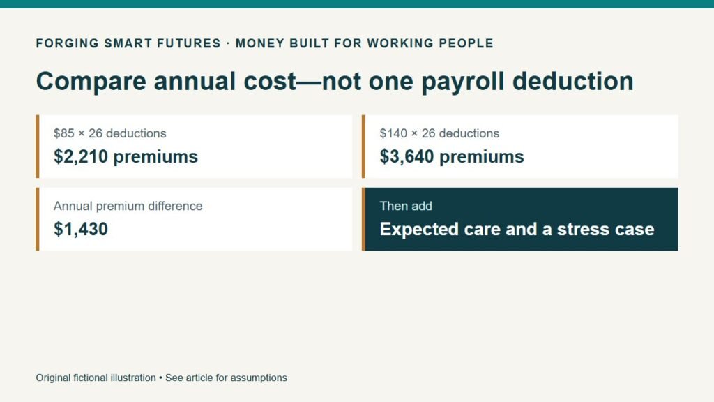 Compare annual cost—not one payroll deduction. $85 × 26 deductions: $2,210 premiums. $140 × 26 deductions: $3,640 premiums. Annual premium difference: $1,430. Then add: Expected care and a stress case. Original fictional illustration • See article for assumptions.