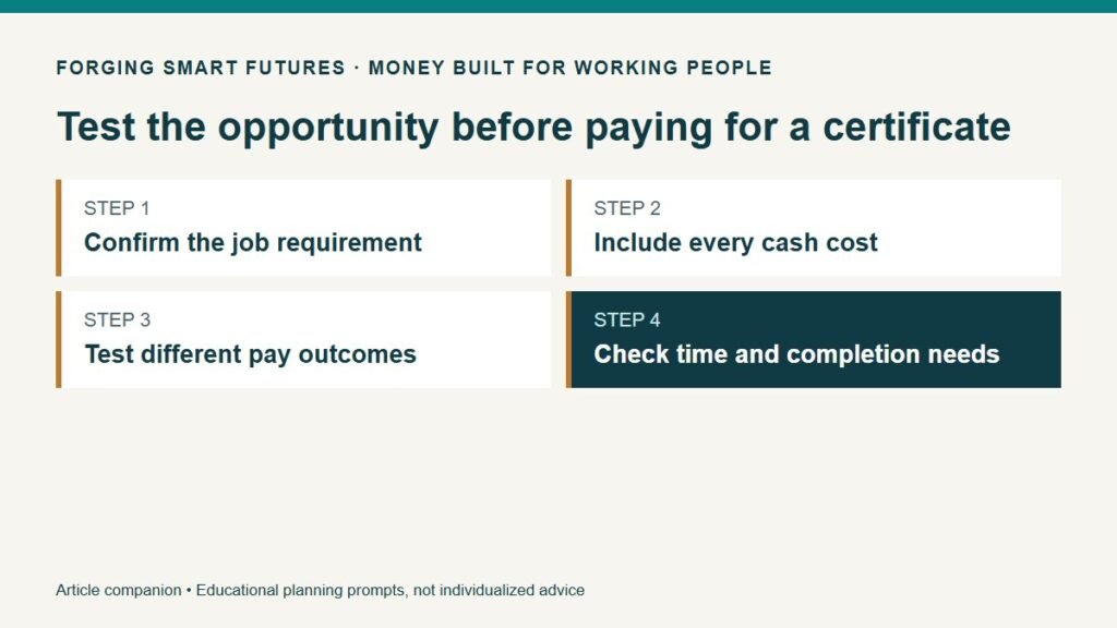 Test the opportunity before paying for a certificate. Confirm the job requirement. Include every cash cost. Test different pay outcomes. Check time and completion needs.