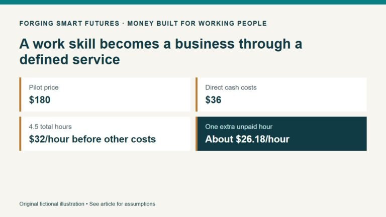 A work skill becomes a business through a defined service. Pilot price: $180. Direct cash costs: $36. 4.5 total hours: $32/hour before other costs. One extra unpaid hour: About $26.18/hour. Original fictional illustration • See article for assumptions.
