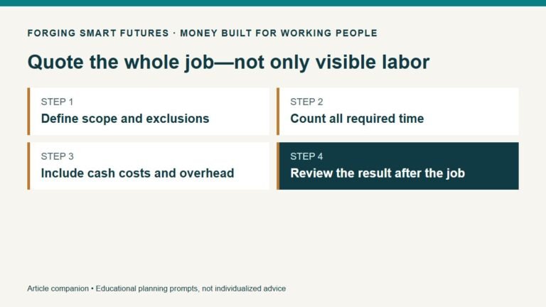 Quote the whole job—not only visible labor. Define scope and exclusions. Count all required time. Include cash costs and overhead. Review the result after the job.