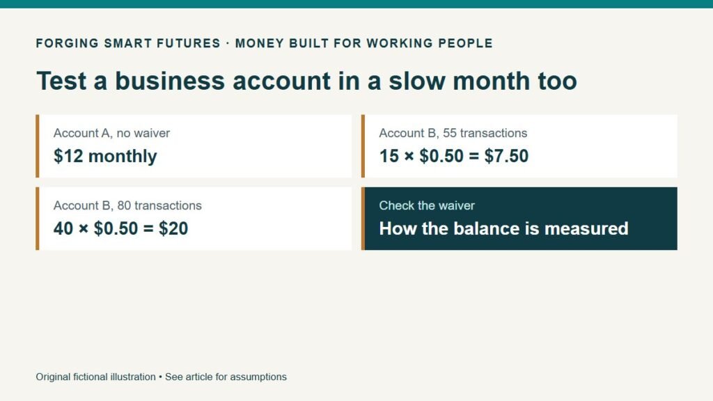 Test a business account in a slow month too. Account A, no waiver: $12 monthly. Account B, 55 transactions: 15 × $0.50 = $7.50. Account B, 80 transactions: 40 × $0.50 = $20. Check the waiver: How the balance is measured. Original fictional illustration • See article for assumptions.