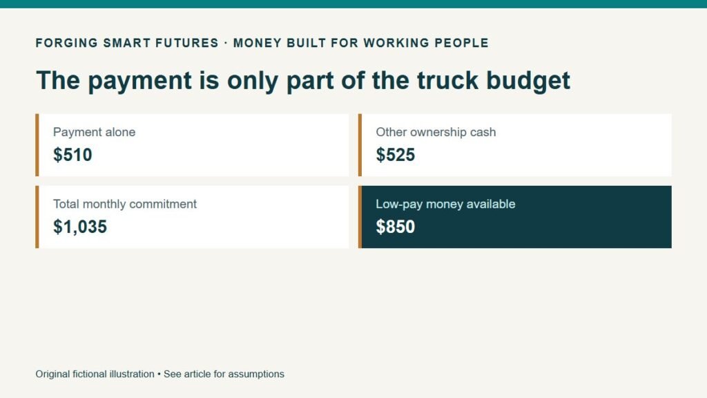 The payment is only part of the truck budget. Payment alone: $510. Other ownership cash: $525. Total monthly commitment: $1,035. Low-pay money available: $850. Original fictional illustration • See article for assumptions.