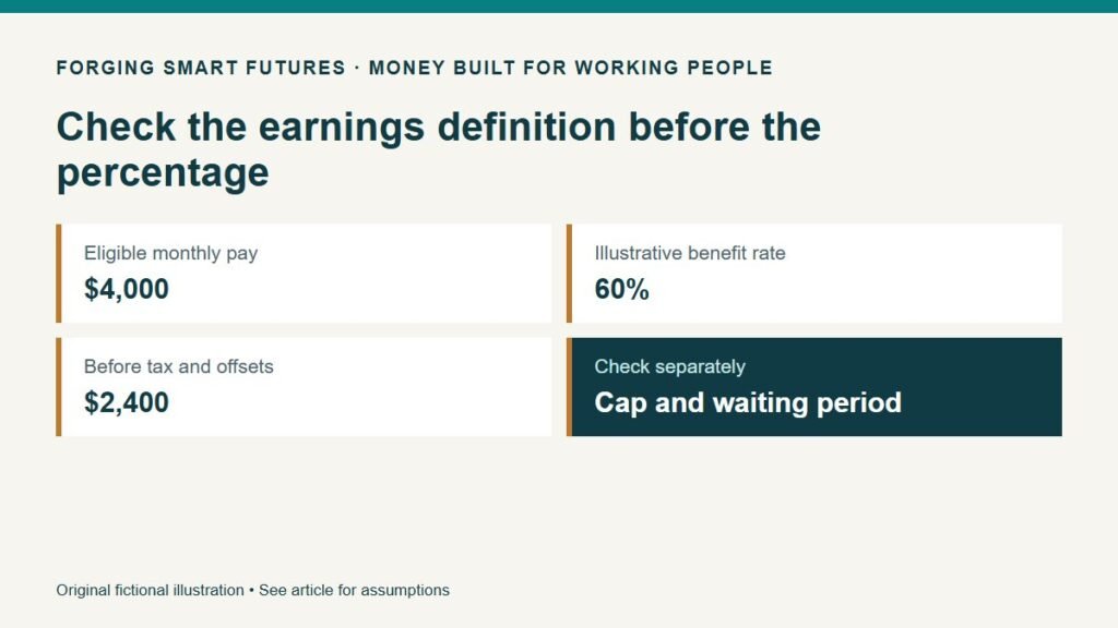 Check the earnings definition before the percentage. Eligible monthly pay: $4,000. Illustrative benefit rate: 60%. Before tax and offsets: $2,400. Check separately: Cap and waiting period. Original fictional illustration • See article for assumptions.