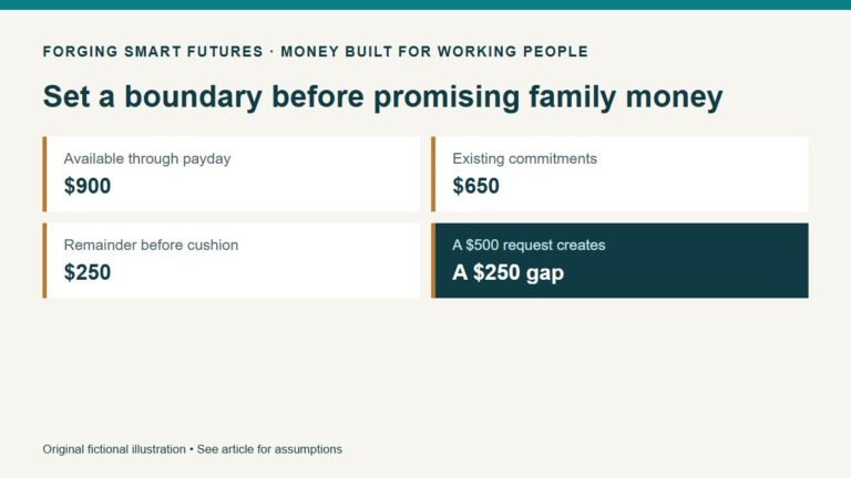 Set a boundary before promising family money. Available through payday: $900. Existing commitments: $650. Remainder before cushion: $250. A $500 request creates: A $250 gap. Original fictional illustration • See article for assumptions.