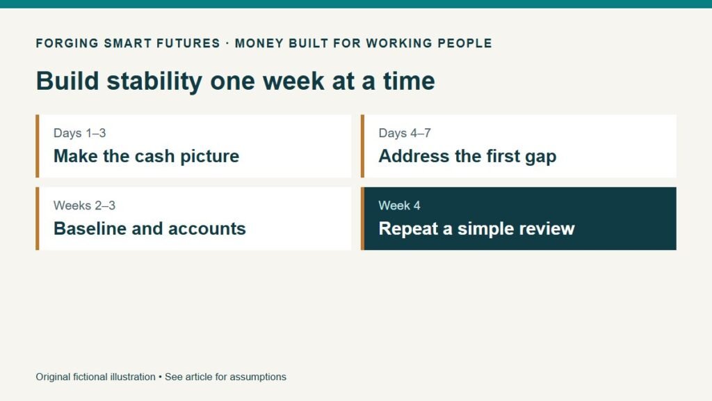 Build stability one week at a time. Days 1–3: Make the cash picture. Days 4–7: Address the first gap. Weeks 2–3: Baseline and accounts. Week 4: Repeat a simple review. Original fictional illustration • See article for assumptions.