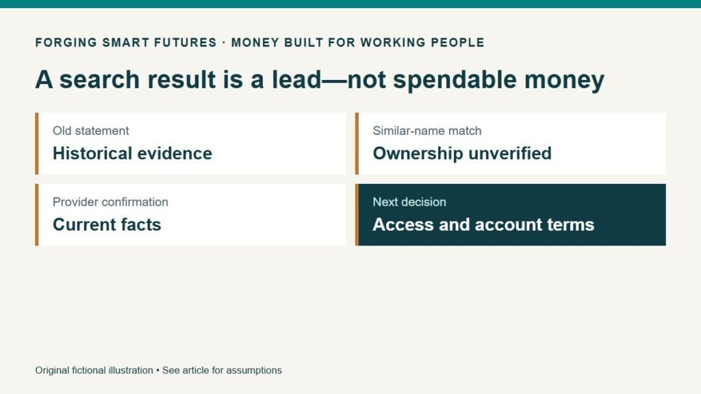 A search result is a lead—not spendable money. Old statement: Historical evidence. Similar-name match: Ownership unverified. Provider confirmation: Current facts. Next decision: Access and account terms. Original fictional illustration • See article for assumptions.