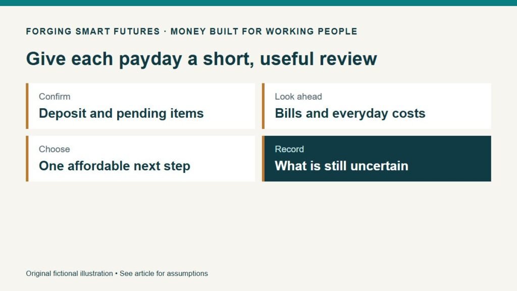 Give each payday a short, useful review. Confirm: Deposit and pending items. Look ahead: Bills and everyday costs. Choose: One affordable next step. Record: What is still uncertain. Original fictional illustration • See article for assumptions.