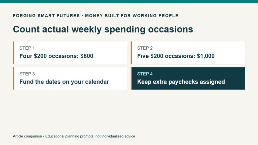 Count actual weekly spending occasions. Four $200 occasions: $800. Five $200 occasions: $1,000. Fund the dates on your calendar. Keep extra paychecks assigned.
