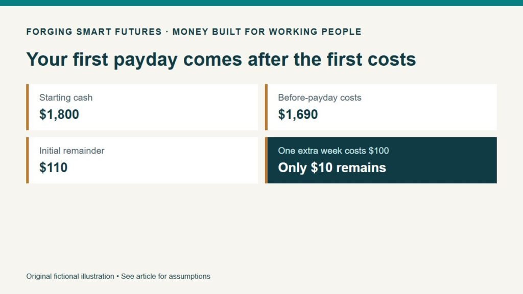 Your first payday comes after the first costs. Starting cash: $1,800. Before-payday costs: $1,690. Initial remainder: $110. One extra week costs $100: Only $10 remains. Original fictional illustration • See article for assumptions.