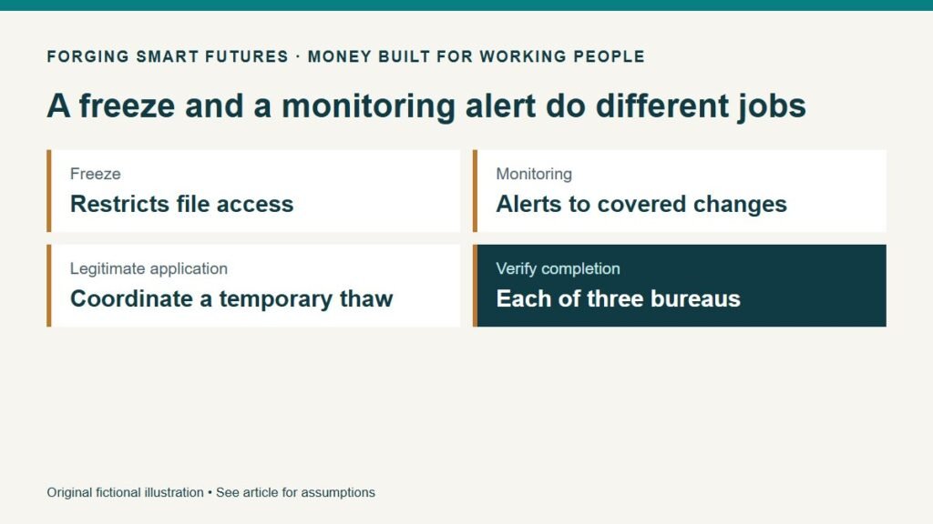 A freeze and a monitoring alert do different jobs. Freeze: Restricts file access. Monitoring: Alerts to covered changes. Legitimate application: Coordinate a temporary thaw. Verify completion: Each of three bureaus. Original fictional illustration • See article for assumptions.