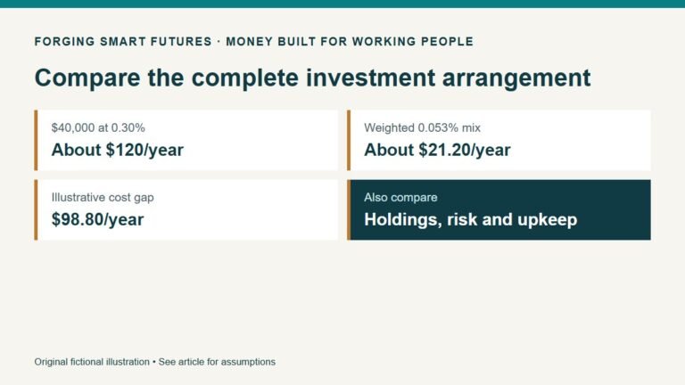Compare the complete investment arrangement. $40,000 at 0.30%: About $120/year. Weighted 0.053% mix: About $21.20/year. Illustrative cost gap: $98.80/year. Also compare: Holdings, risk and upkeep. Original fictional illustration • See article for assumptions.