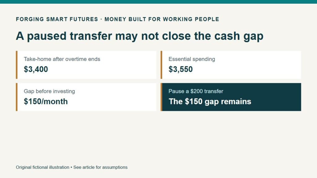 A paused transfer may not close the cash gap. Take-home after overtime ends: $3,400. Essential spending: $3,550. Gap before investing: $150/month. Pause a $200 transfer: The $150 gap remains. Original fictional illustration • See article for assumptions.