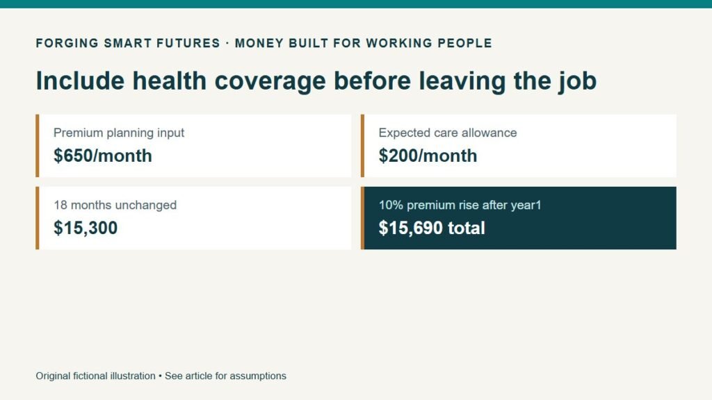Include health coverage before leaving the job. Premium planning input: $650/month. Expected care allowance: $200/month. 18 months unchanged: $15,300. 10% premium rise after year1: $15,690 total. Original fictional illustration • See article for assumptions.