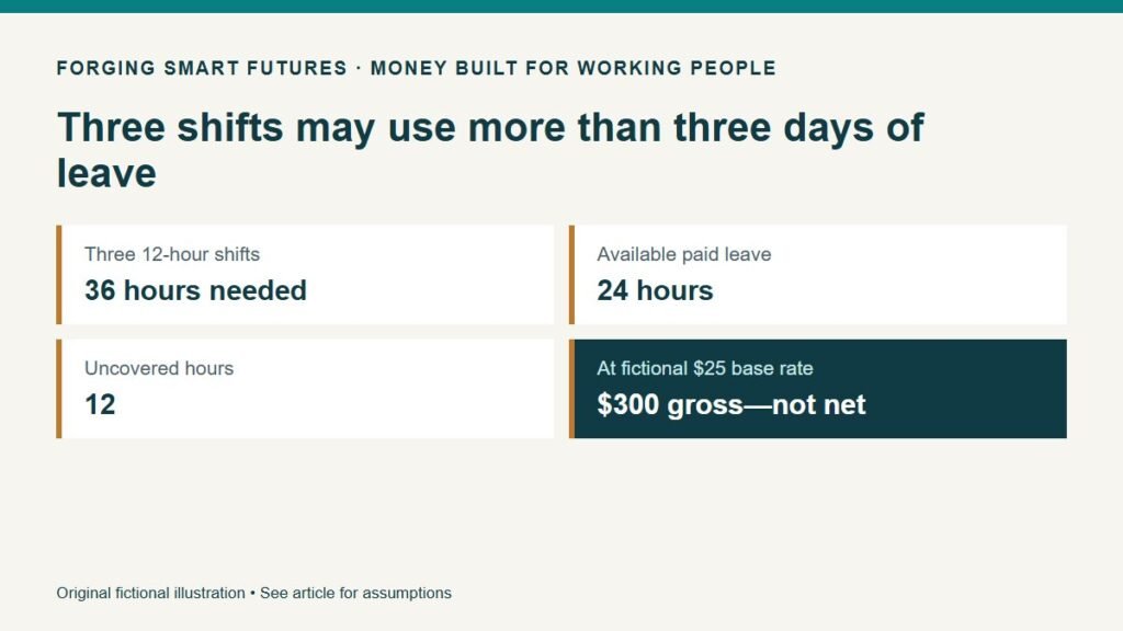 Three shifts may use more than three days of leave. Three 12-hour shifts: 36 hours needed. Available paid leave: 24 hours. Uncovered hours: 12. At fictional $25 base rate: $300 gross—not net. Original fictional illustration • See article for assumptions.