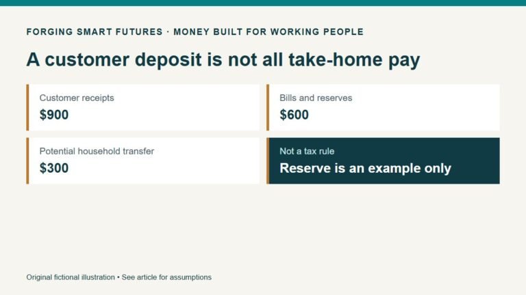 A customer deposit is not all take-home pay. Customer receipts: $900. Bills and reserves: $600. Potential household transfer: $300. Not a tax rule: Reserve is an example only. Original fictional illustration • See article for assumptions.