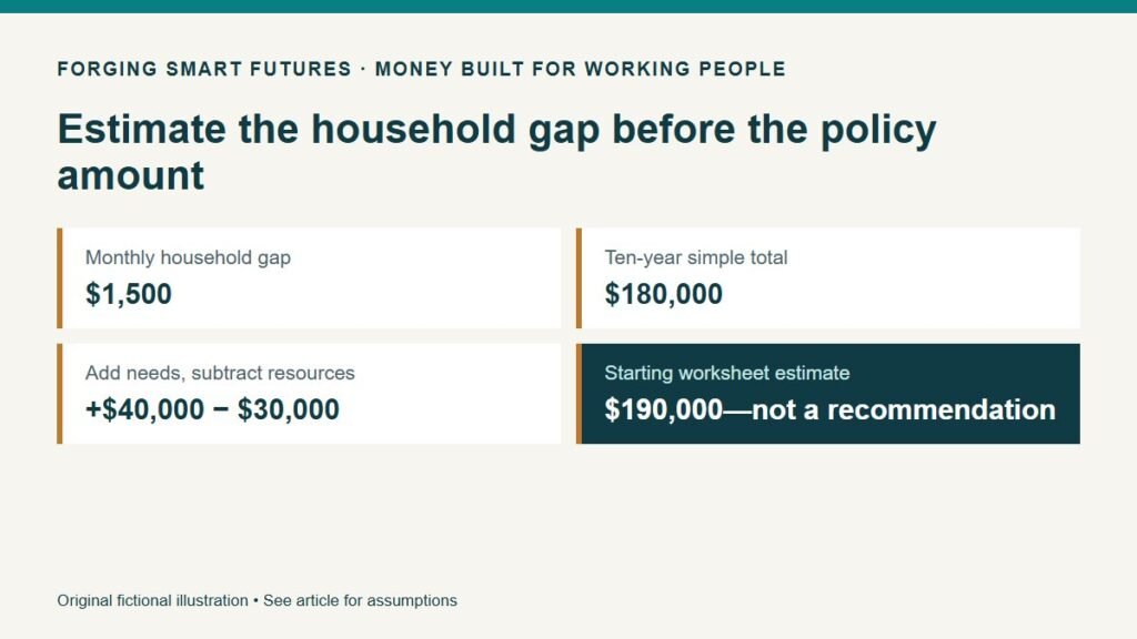 Estimate the household gap before the policy amount. Monthly household gap: $1,500. Ten-year simple total: $180,000. Add needs, subtract resources: +$40,000 − $30,000. Starting worksheet estimate: $190,000—not a recommendation. Original fictional illustration • See article for assumptions.
