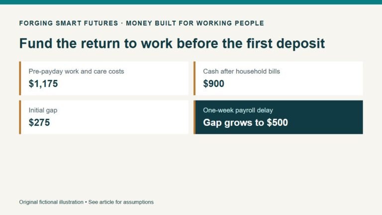 Fund the return to work before the first deposit. Pre-payday work and care costs: $1,175. Cash after household bills: $900. Initial gap: $275. One-week payroll delay: Gap grows to $500. Original fictional illustration • See article for assumptions.