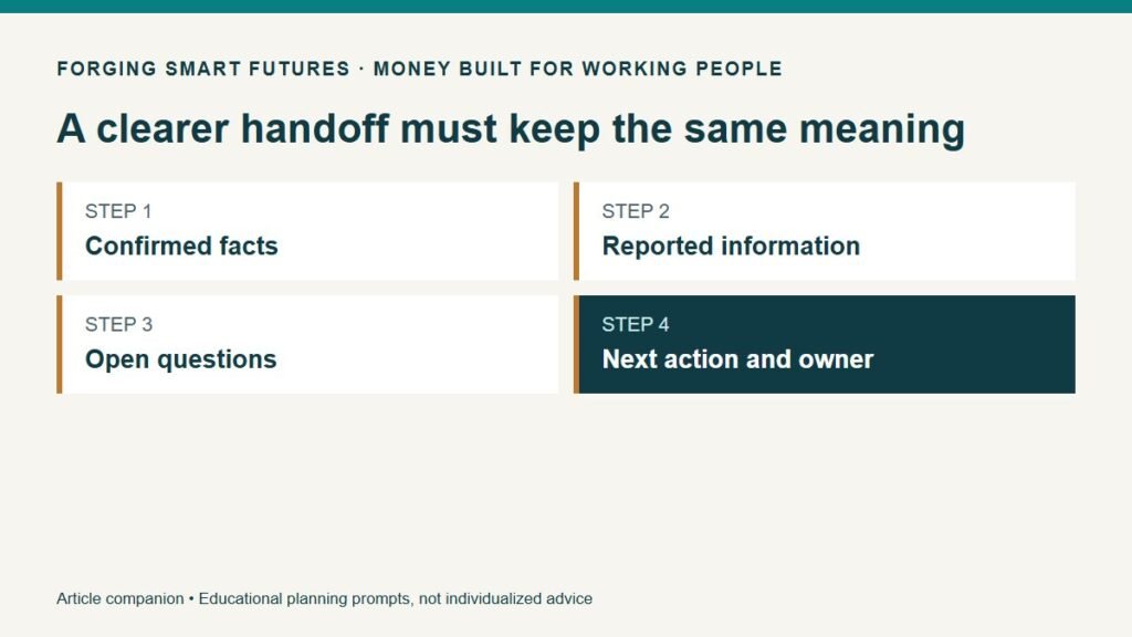 A clearer handoff must keep the same meaning. Confirmed facts. Reported information. Open questions. Next action and owner.