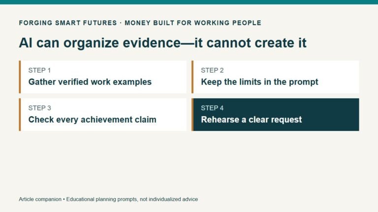AI can organize evidence—it cannot create it. Gather verified work examples. Keep the limits in the prompt. Check every achievement claim. Rehearse a clear request.